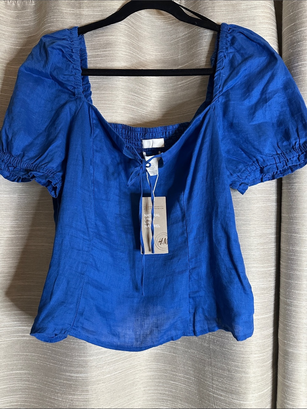 H&M Royal Blue Puff-Sleeve Linen Blouse